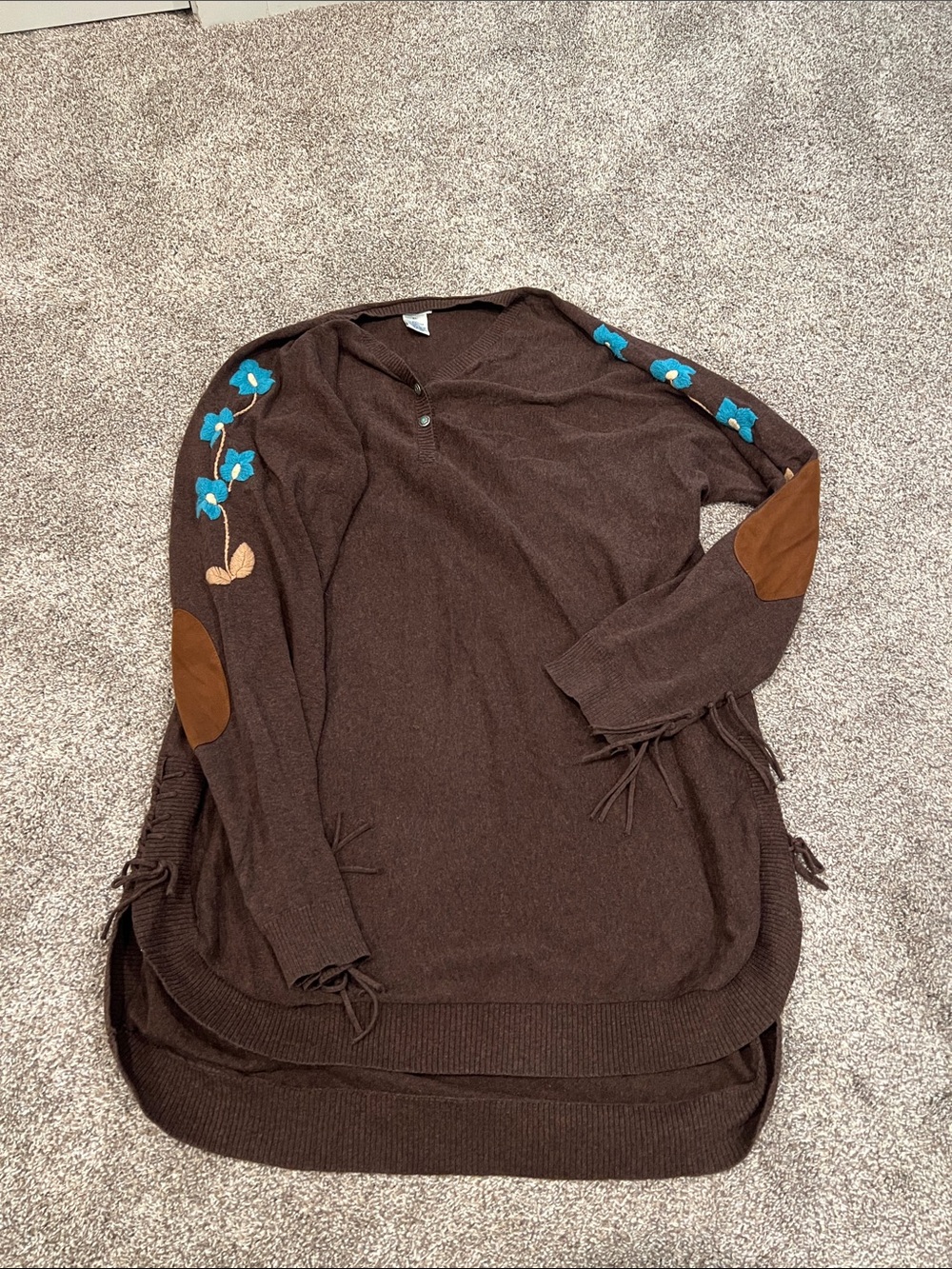 Tasha Polizzi Long Brown Embroidered Sweater Tunic Fringe Detail small repair XL